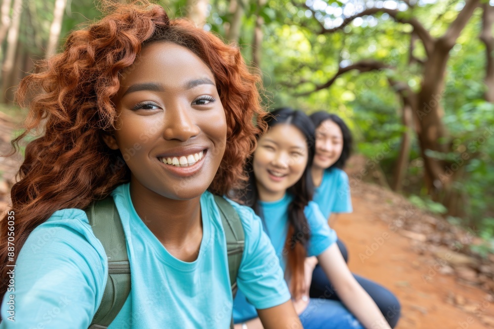 A group of friends hike through a lush forest, smiling and enjoying the day A group of friends hike through a lush forest, smiling and enjoying the day
