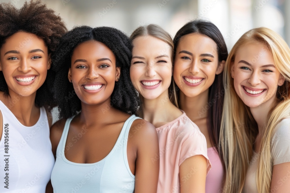 Four young women, each with unique features and styles, stand together and smile for the camera. Their joyful expressions and warm smiles radiate positivity and friendship Four young women, each with unique features and styles, stand together and smile for the camera. Their joyful expressions and warm smiles radiate positivity and friendship