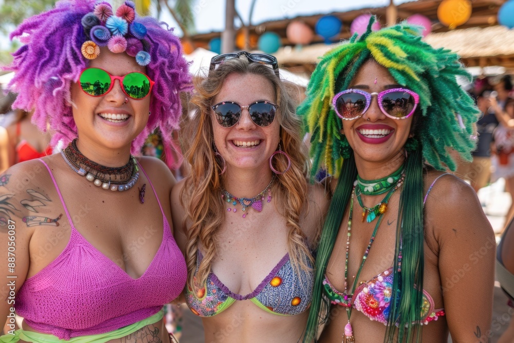 Three women with vibrant hairstyles and colorful bra tops pose for a photo at a festival, radiating joy and confidence Three women with vibrant hairstyles and colorful bra tops pose for a photo at a festival, radiating joy and confidence