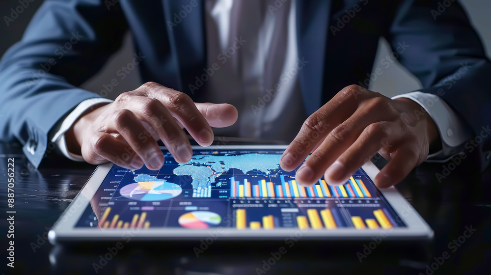 Businessman working on a tablet with a world map and charts on it. Global business, data network and virtual connection concept. Businessman working on a tablet with a world map and charts on it. Global business, data network and virtual connection concept.