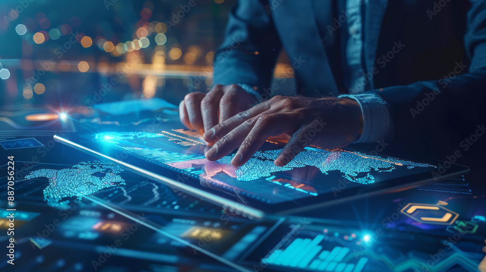 Businessman working on a tablet with a world map on it. Global business, data network and virtual connection concept. Businessman working on a tablet with a world map on it. Global business, data network and virtual connection concept.