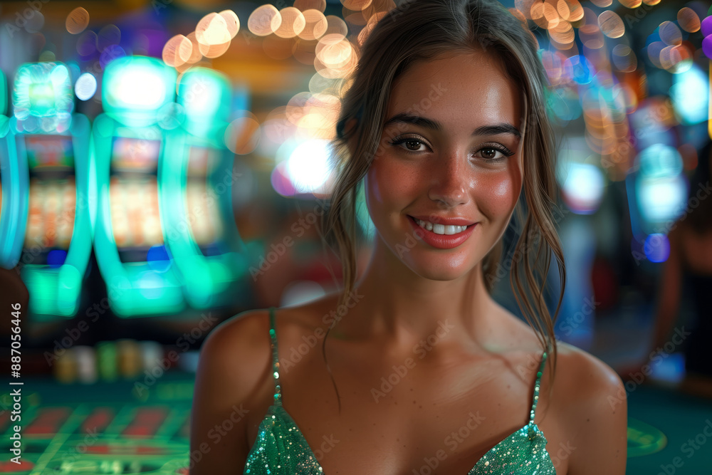 Young woman in green dress is playing in casino. room for casino games. The dealer, an elegant woman, stands at the poker table. Young woman in green dress is playing in casino. room for casino games. The dealer, an elegant woman, stands at the poker table.