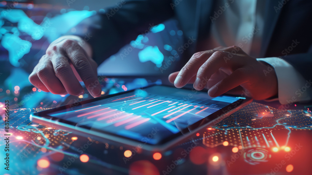 Businessman working on a tablet. Global business, data network and virtual connection concept. Businessman working on a tablet. Global business, data network and virtual connection concept.