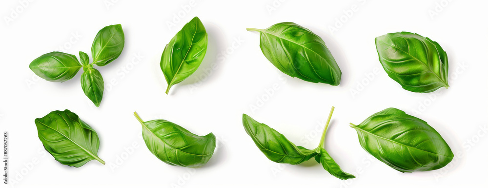 several basil leaves float in various poses, with realistic details and shadows several basil leaves float in various poses, with realistic details and shadows