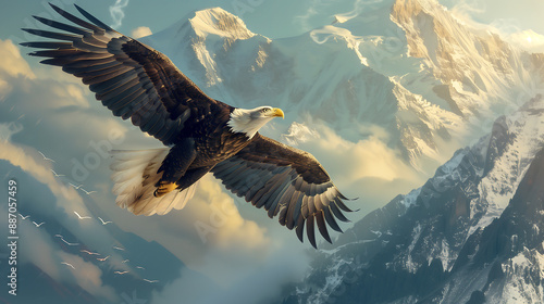 majestic bald eagle soaring high above the snow-capped mountains, its wings spread wide as it breaks through fluffy clouds