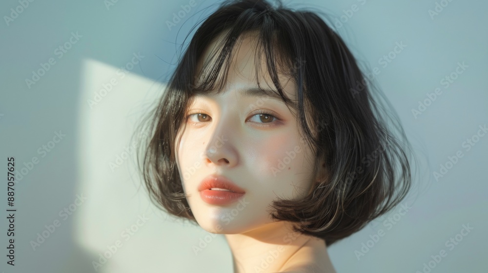 Close Up Portrait of Young Woman With Short Black Hair, Looking Left Close Up Portrait of Young Woman With Short Black Hair, Looking Left
