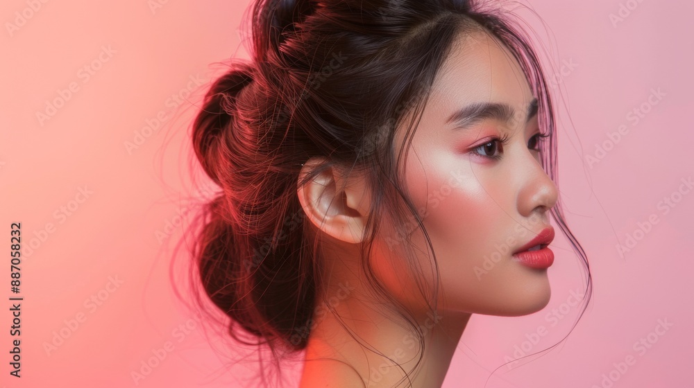 Woman With Black Hair and Pink Makeup Posing Against a Pink Background Woman With Black Hair and Pink Makeup Posing Against a Pink Background