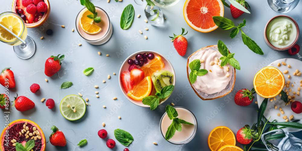 Fresh fruit summer display with strawberries, citrus, kiwi, raspberries, yogurt, and refreshing drinks, vibrant, healthy eating concept Fresh fruit summer display with strawberries, citrus, kiwi, raspberries, yogurt, and refreshing drinks, vibrant, healthy eating concept