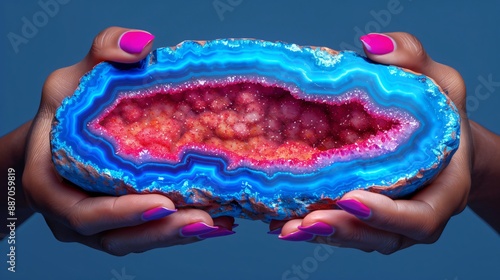 Holding colorful agate geode slice with pink crystals, beautifully manicured hands showcase nature's beauty. Vibrant hues and patterns exude tranquility, perfect for meditation or yoga