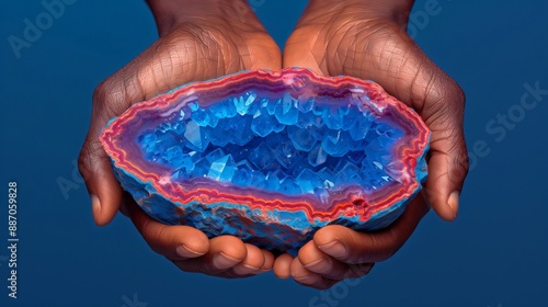 Cradling vibrant blue geode, hands showcase nature's wonder. Mesmerizing shades evoke tranquility, inviting meditation on geologic marvel