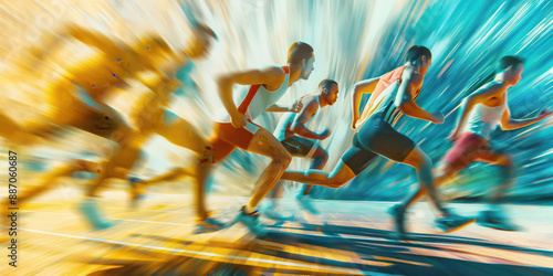 Athletes running in a competitive race, dynamic motion blur, vibrant colors, track and field event, high-speed action, sports photography concept