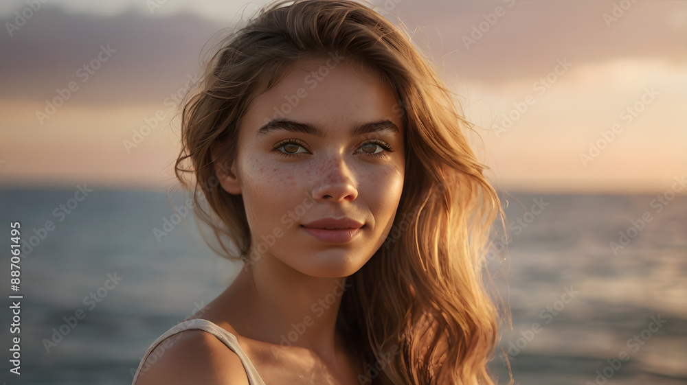 Create a high-resolution photorealistic image of a beautiful woman with a radiant, natural complexion enhanced by soft blush. She is standing at the edge of the sea Create a high-resolution photorealistic image of a beautiful woman with a radiant, natural complexion enhanced by soft blush. She is standing at the edge of the sea