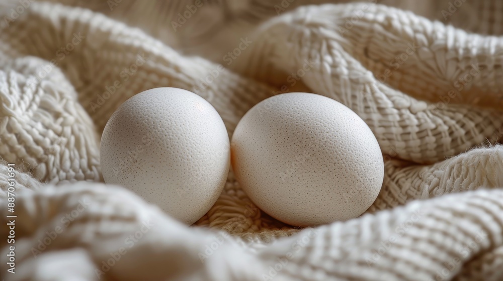 Two white eggs are resting on a soft cloth from a bird s eye view Two white eggs are resting on a soft cloth from a bird s eye view