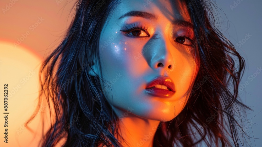 Woman With Red Lipstick Posing Under Orange And Blue Lights Woman With Red Lipstick Posing Under Orange And Blue Lights