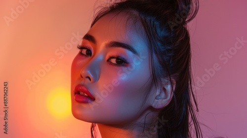 Young Woman Posing With Colorful Lights in a Studio