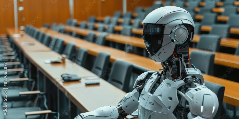 White Robot Sitting In An Empty Classroom White Robot Sitting In An Empty Classroom