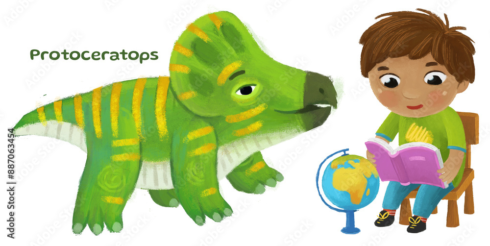 Fototapeta premium cartoon happy and funny colorful prehistoric dinosaur dino protoceratops isolated illustration with child pointing on animal and reading learing school book of natural history