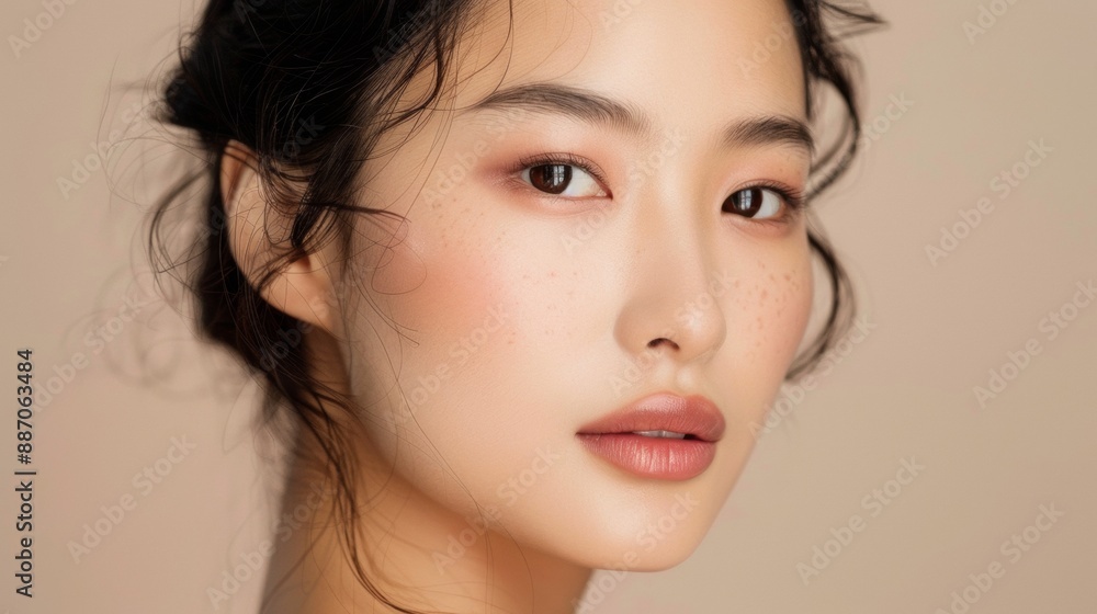 Fototapeta premium Close Up Portrait Of A Woman With Long Black Hair And Soft Makeup Against A Beige Background