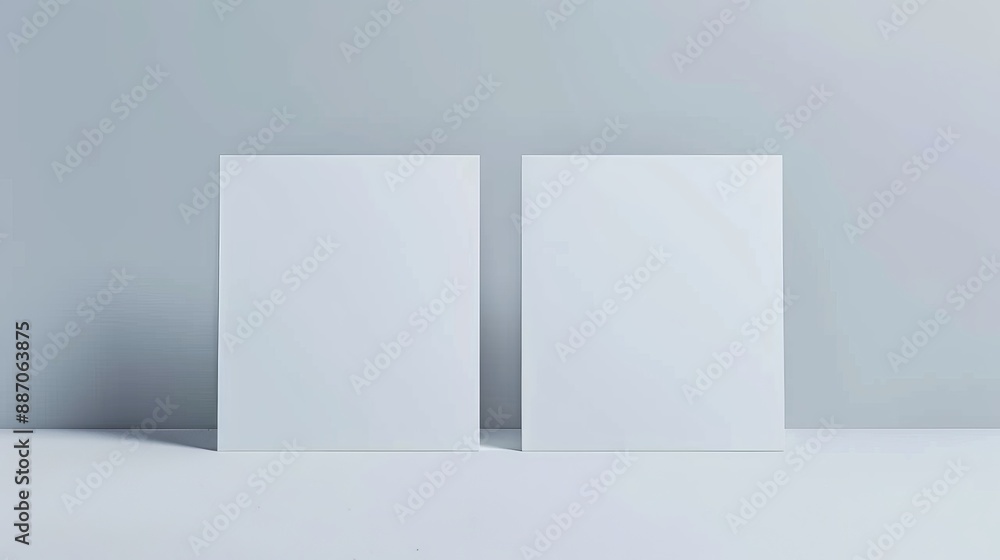 Two paper invitation cards displayed on a grey background with space for presenting card designs Two paper invitation cards displayed on a grey background with space for presenting card designs