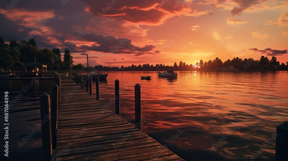 Obraz premium sunset over a pier on with boats on a lake
