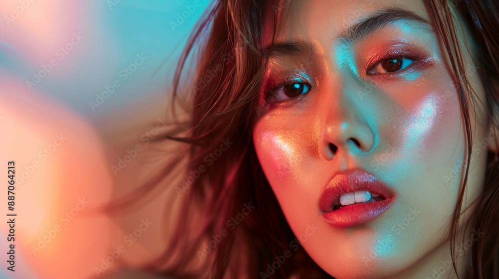 Close-Up Portrait of Woman With Pink Lipstick and Blue and Red Lighting Close-Up Portrait of Woman With Pink Lipstick and Blue and Red Lighting