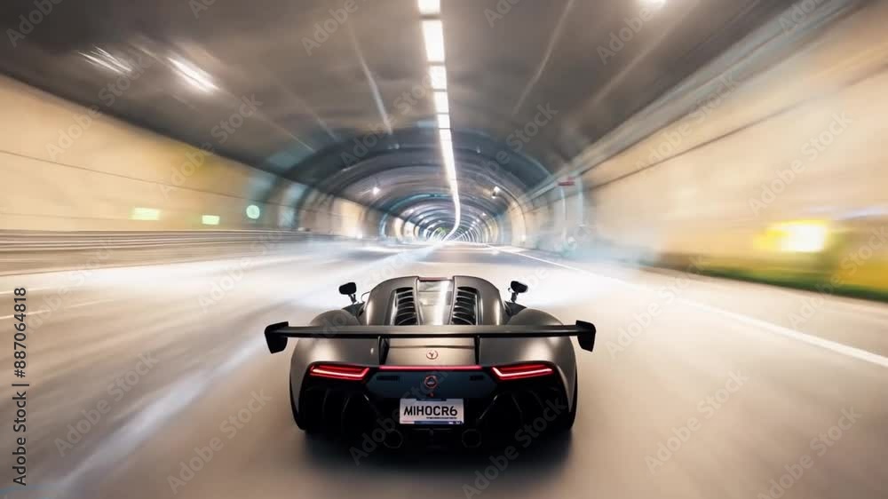 A sports car drives through a long tunnel at night. The car's headlights illuminate the road ahead. A sports car drives through a long tunnel at night. The car's headlights illuminate the road ahead.