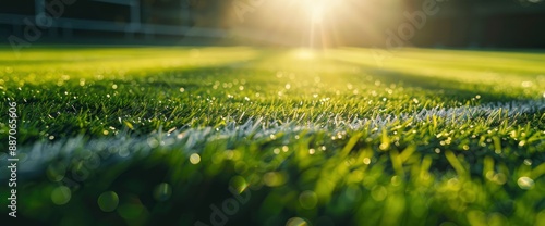 A blurry football field adorned with vibrant green grass and shifting, shadowy patterns