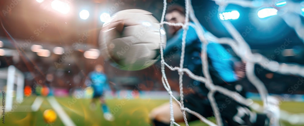 Fototapeta premium A focused blurry image capturing the tension as a football player takes aim to shoot at the goal, the pressure visible