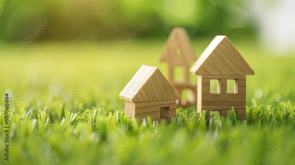 Children toy blocks house on grass field representing property investment and real estate with financial concepts Children toy blocks house on grass field representing property investment and real estate with financial concepts