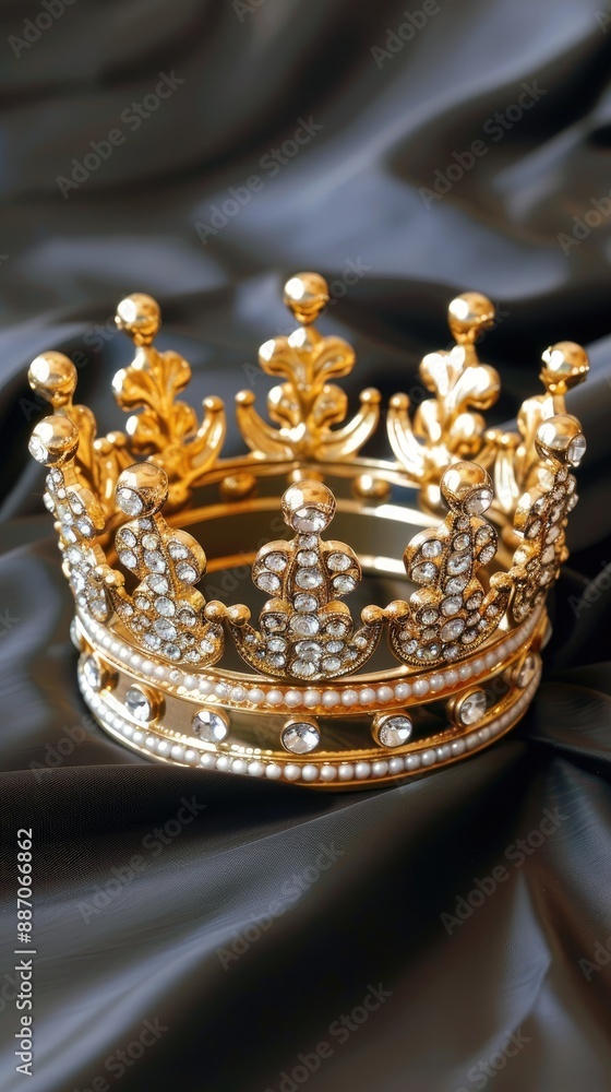 A gold crown adorned with sparkling rhinestones lays on black satin fabric A gold crown adorned with sparkling rhinestones lays on black satin fabric