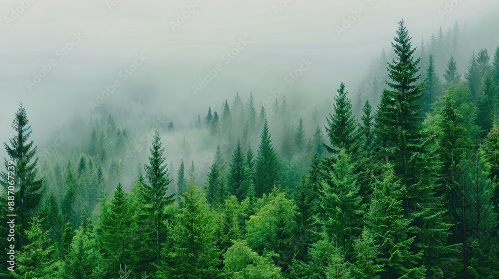 Tall evergreen trees stand in a thick forest, blanketed by fog that swirls between the branches Tall evergreen trees stand in a thick forest, blanketed by fog that swirls between the branches