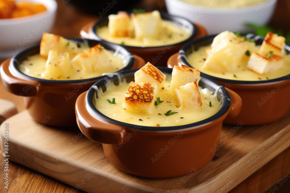 Four small brown pots filled with cheese fondue topped with croutons, served on a wooden board. Four small brown pots filled with cheese fondue topped with croutons, served on a wooden board.