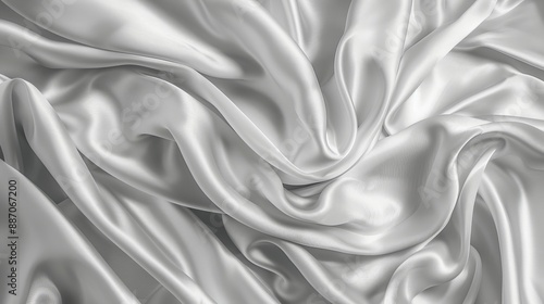 White light gray silvery silk satin draped fabric background Luxurious silvercolored backdrop with soft folds and creases Wide panoramic banner format photo