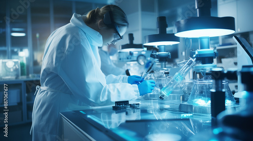 Scientists working in laboratory, focused, conducting experiments, under bright lights