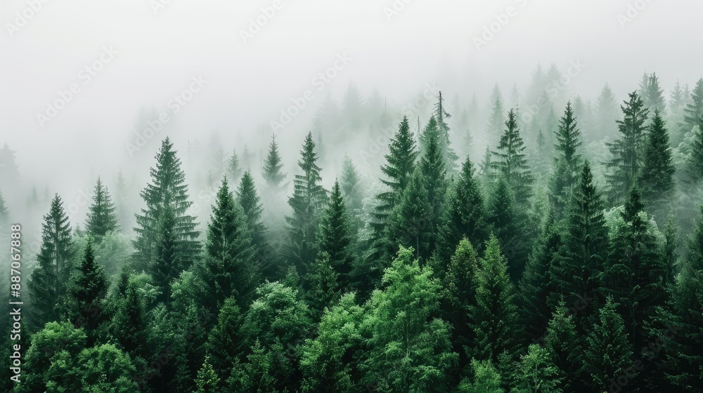 Tall evergreen trees stand in a thick forest, blanketed by fog that swirls between the branches Tall evergreen trees stand in a thick forest, blanketed by fog that swirls between the branches