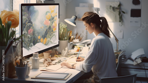 Female digital artist working on a colorful design in a creative studio