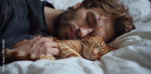 Man Sleeping With Orange Tabby Cat In Bed © ArtCookStudio