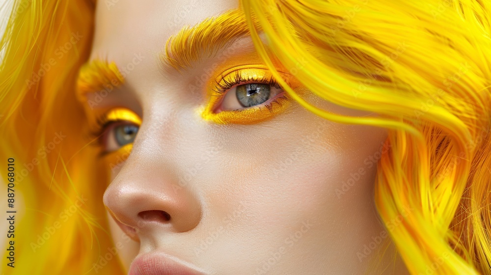 Close Up Of A Woman With Blonde Hair And Yellow Eye Makeup Close Up Of A Woman With Blonde Hair And Yellow Eye Makeup