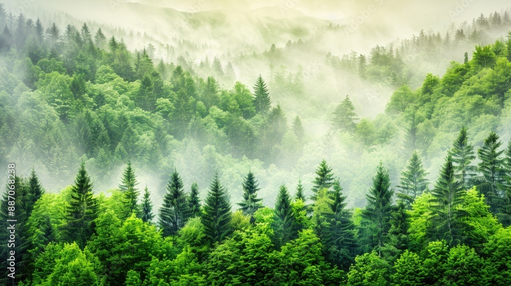 Fototapeta premium Tall evergreen trees stand in a thick forest, blanketed by fog that swirls between the branches