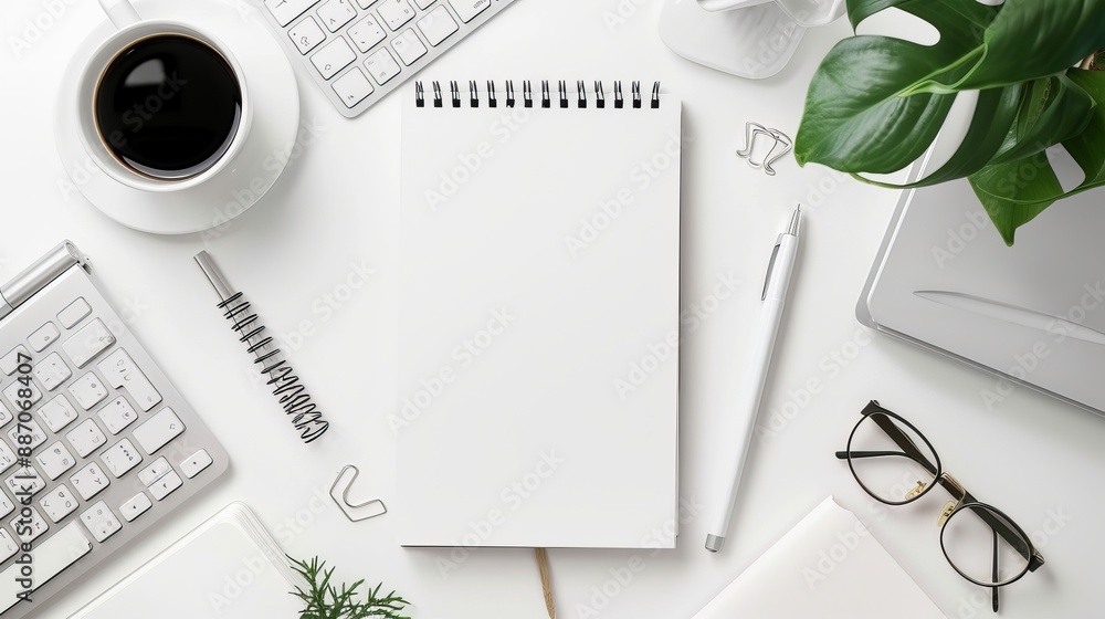 White office desk table displaying a blank notebook computer keyboard and various office supplies Top view with copy space arranged in a flat lay style White office desk table displaying a blank notebook computer keyboard and various office supplies Top view with copy space arranged in a flat lay style