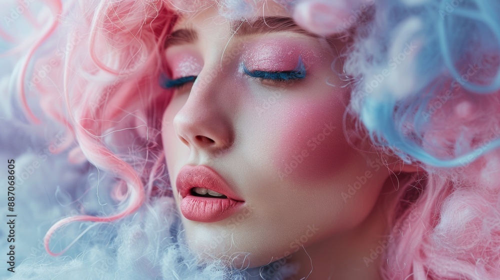 Fototapeta premium Close-Up Portrait of a Woman With Pink and Blue Hair and Makeup