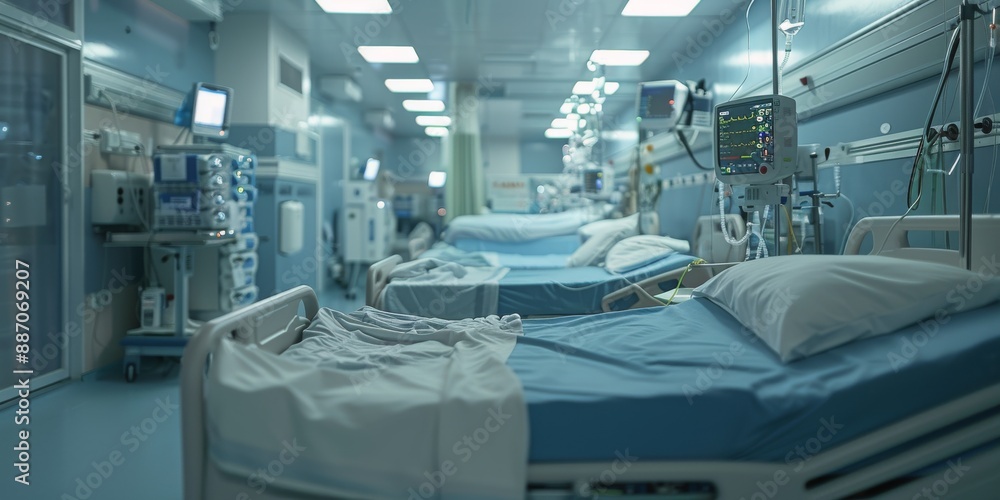 Empty Hospital Beds in a Modern Intensive Care Unit Empty Hospital Beds in a Modern Intensive Care Unit
