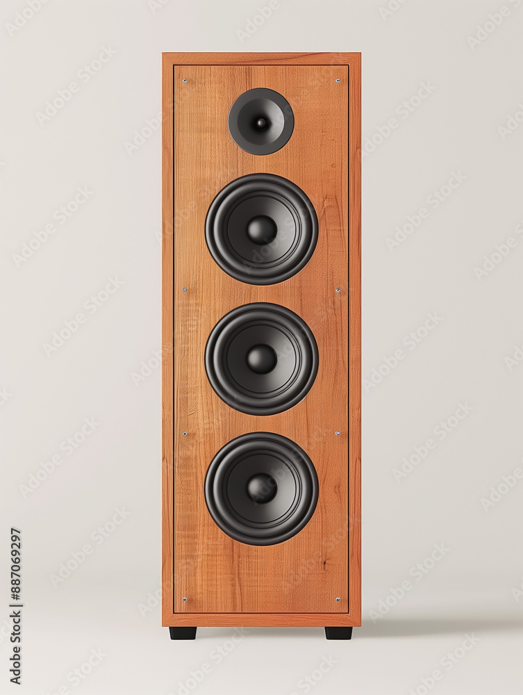 Tall wooden speaker with three drivers in a minimalist setting
Tall wooden speaker with three drivers in a minimalist setting