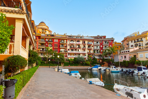 Colourful houses on the bank of a canal in Port Saplaya Alboraya Valencia