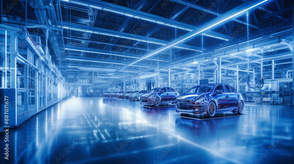 Modern industrial factory interior with automated machinery and blue lighting Modern industrial factory interior with automated machinery and blue lighting