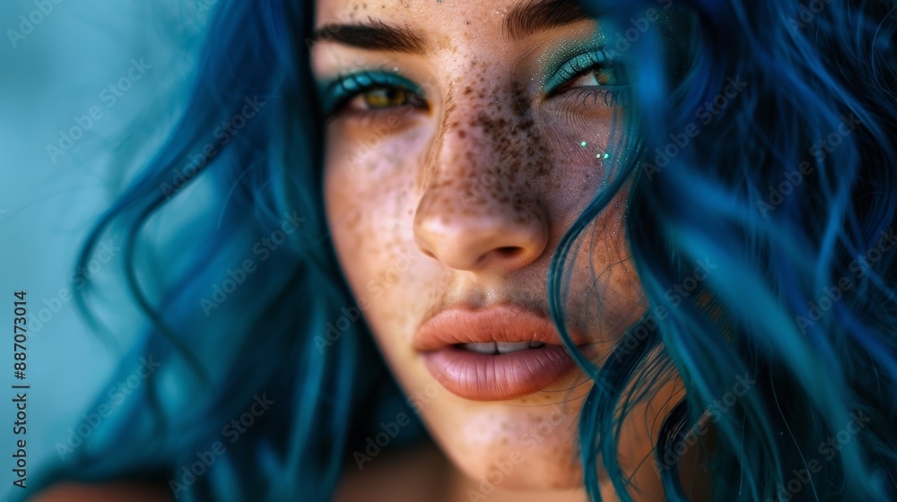 A woman with blue hair and green eyes A woman with blue hair and green eyes