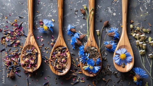 Dried cornflower tea Herbal tea in wooden spoons A healthy immune drink photo