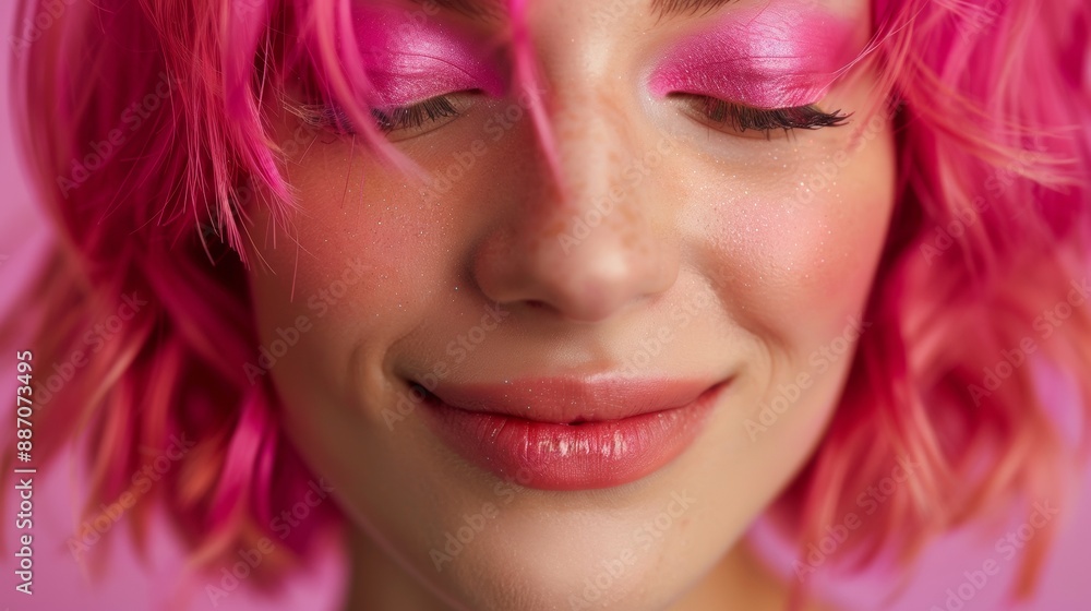 A woman with pink hair and pink eyes is smiling A woman with pink hair and pink eyes is smiling