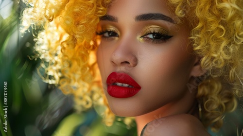 A woman with red lipstick and yellow hair poses for a picture © CYBERPINK