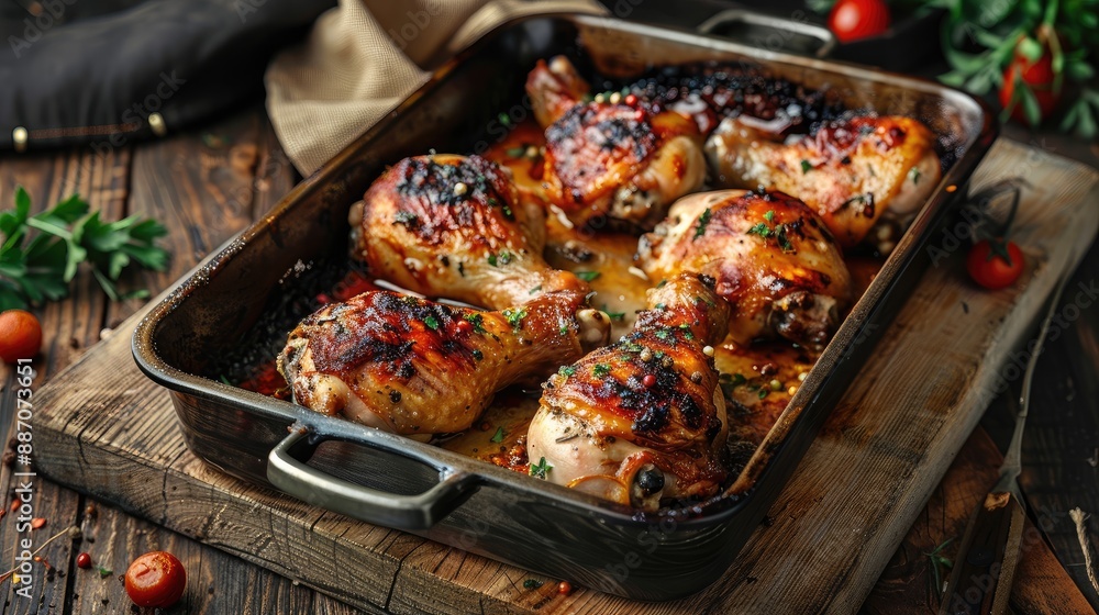 Baked chicken legs in metal baking dish on a wooden kitchen board Baked chicken legs in metal baking dish on a wooden kitchen board